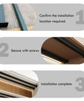 Installation steps for Heavy Duty Universal Shelf Brackets With Adjustable Support Poles For Countertops, showcasing tools and finished setup.