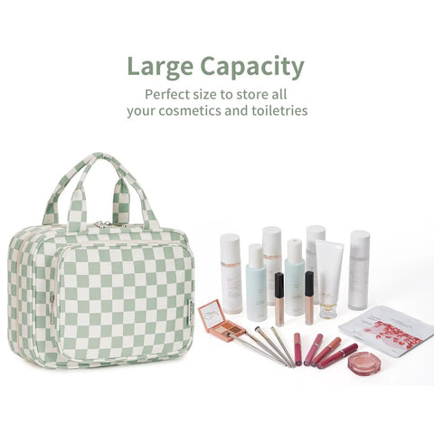 Must Have Hanging Toiletry Bag For Women Travel Organizer With Checkered Green Design next to cosmetics and brushes