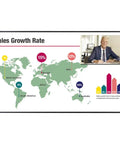 Sales Growth Rate map displaying regions with percentage values, featuring a professional man in a suit on a digital signage display.