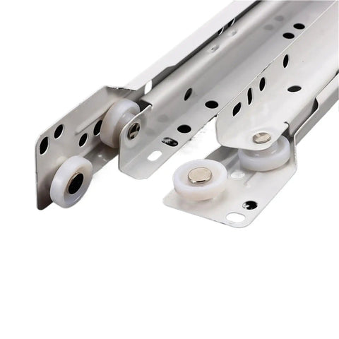 Whisper Quiet Drawer Slides 1 Pair, ultra smooth glide and noise free operation, close-up of white rollers on metal slides