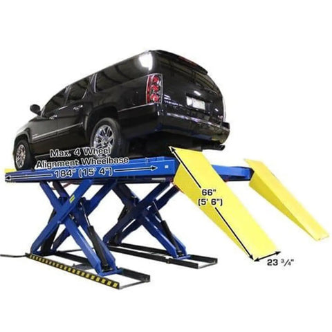 Px16a Scissor Alignment Lift And RJ8 Rolling Jacks Combo Beefy Auto Garage Gear lifting a black vehicle with ramps.