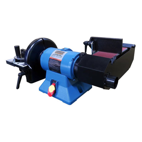 Rugged Workhorse 4X36 Belt And 9 Inch Disc Grinder With 1Hp Dual Voltage Motor side view showing adjustable tilting support tables.
