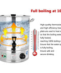 Heavy Duty Stainless Steel Electric Hot Water Boiler With Auto Keep Warm And Boil Dry Protection Designed As A Kitchen Workhorse For Piping Hot Soups And Buffets In Restaurants Offices 58 Liter Capacity showing full boiling at 100°C.