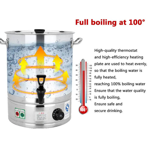 Heavy Duty Stainless Steel Electric Hot Water Boiler With Auto Keep Warm And Boil Dry Protection Designed As A Kitchen Workhorse For Piping Hot Soups And Buffets In Restaurants Offices 58 Liter Capacity showing full boiling at 100°C.