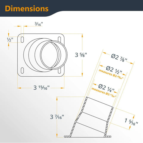 Diagram showing dimensions of Universal Dust Port Two and a Half Inch OD Connector Flange for woodworking machines.