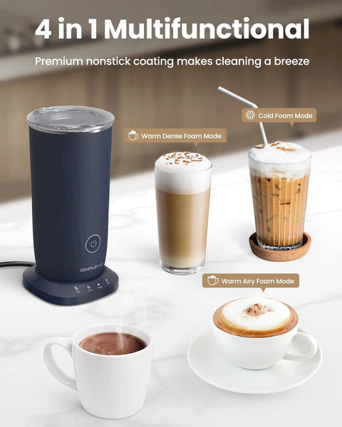 4 In 1 Milk Frother And Steamer For Latte And Cappuccino At Home, Warm Dense, Airy, Cold Foam, Dark Blue Electric Coffee Frother