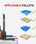 Tory 3300 Lb Capacity Electric Pallet Stacker With 130 Inch Lift Height And Adjustable Forks next to applicable pallets for handling.