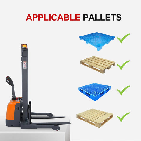 Tory 3300 Lb Capacity Electric Pallet Stacker With 130 Inch Lift Height And Adjustable Forks next to applicable pallets for handling.