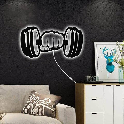 Dumbbell LED Wall Light Sign for Home Gym and Workout Room Decor above couch, neon-style 3D wall lamp, motivational lighting