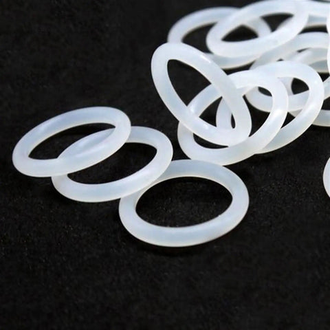 Assorted White Food Grade Silicone O Ring Set Top Notch 2mm 2.4mm 3mm 4mm Thick O Ring Seals For Plumbing Industrial Equipment Food Processing Automotive And More Ten Pack white silicone O rings on black background