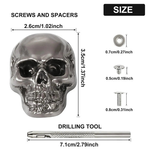Badass Skull Rivet Studs With Screws In Silver Gray Finish Genuine Gothic Concho Hardware, size dimensions included.