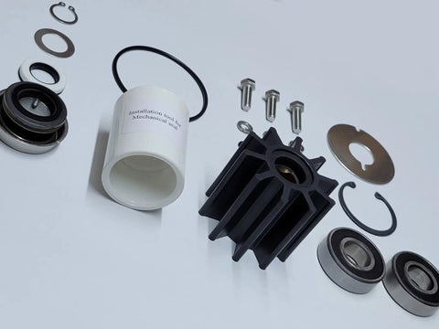 Bearing Housing Assembly Rebuild Kit For Crusader RA134071 Fits Five Point Seven Liter Six Point Zero Liter And Eight Point One Liter Marine Engines With Serpentine Belt Driven Water Pumps Compatible With Pumps RA057032 RA057034 RA057035 And Impeller, parts laid out