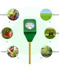 5X Mini Soil Moisture Meter With Light And PH Tester shown with icons for plants, grass, orchard, agriculture, flowers, horticulture.