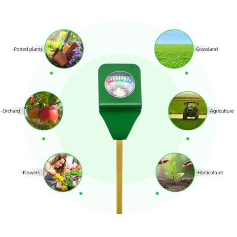 5X Mini Soil Moisture Meter With Light And PH Tester shown with icons for plants, grass, orchard, agriculture, flowers, horticulture.