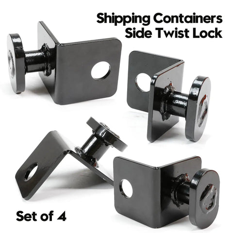 4 Pack Shipping Container Anchors With Side Twist Locks And Tie Downs For Securing Containers To Rock Floor Or Concrete Anti Rust Coating For Longevity Beefy Heavy Duty Gear, showing a set of four black metal twist locks.