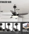 46 Inch Ceiling Fan With Light And Remote Control, 5 ABS Blades, black, dimensions shown for installation in living room or patio.