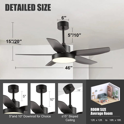 46 Inch Ceiling Fan With Light And Remote Control, 5 ABS Blades, black, dimensions shown for installation in living room or patio.