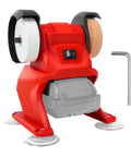 Heavy-Duty Cordless Bench Grinder With Dual Wheels For Metal Polishing And Sharpening High Speed 5500Rpm Electric Tool for DIY projects, showing red body and dual wheels.