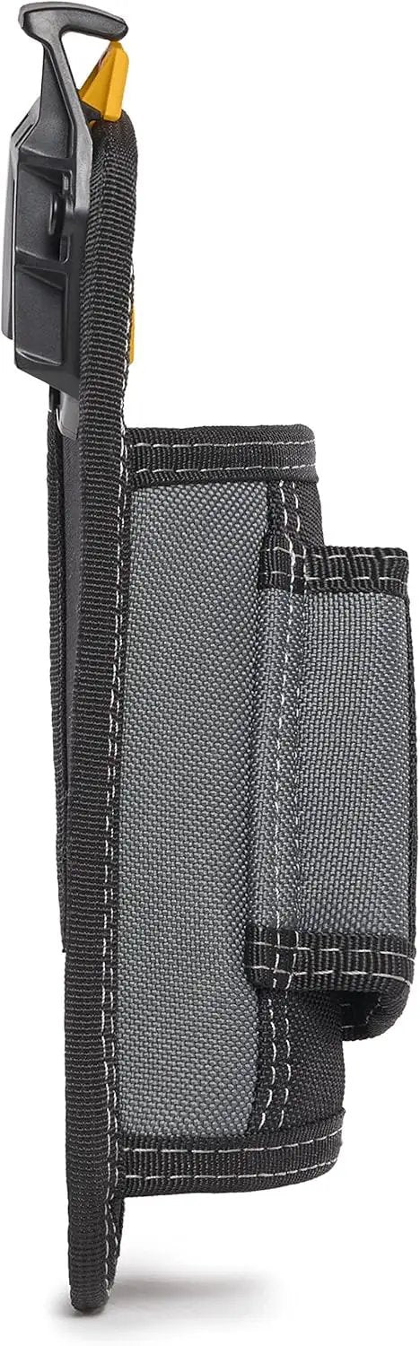 Side view of ClipTech Hammer Holster Clip On Belt Tool Holder with nail puller sleeve and rear angle design, showing durable material.