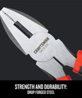 Close-up of 8-Inch Linesman Pliers With Ergonomic Bi-Material Grips For Easy Control, Induction-Hardened Cutting Edges Stay Sharp Longer.
