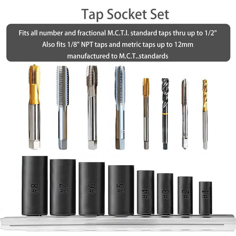 8-Piece Tap Socket Set For 1/4 And 3/8 Inch Drives Fits MCTI Standard Taps Up To 1/2 Inch 1/8 NPT And Metric Taps To 12mm