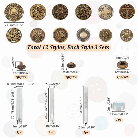 36 Piece Leather Snap Fasteners Kit With 18mm Snaps And Press Studs For Leather Craft Jackets Jeans Bags And Clothes Hidden Button Set For Pro Grade DIY Projects Stylish Durable Easy To Install, showing 12 styles with snaps and tools.