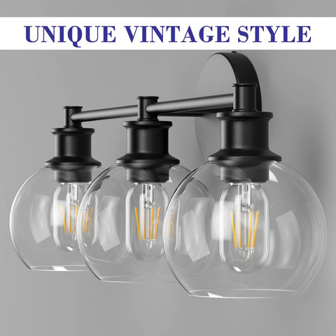 Three Light Industrial Vanity Fixture in Matte Black with Clear Glass Globes, Farmhouse Style Bath Lighting for a Modern Rustic Vibe