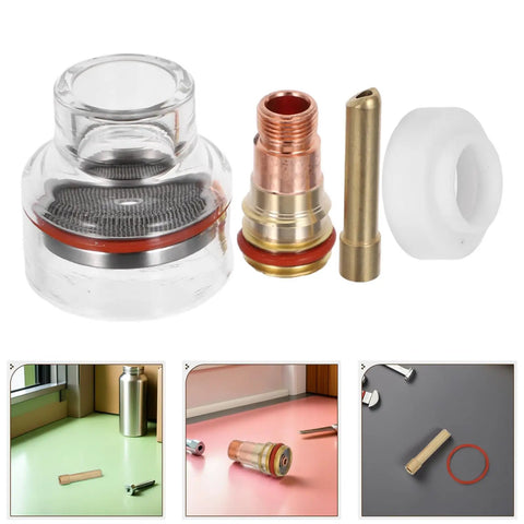 Premium Tig Welding Glass Cup Kit For Wp17 And Wp18 Torch Nozzles featuring clear glass cup and gas dispersion components.