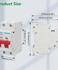 Front and side view of DC Miniature Circuit Breaker DZ47-63Z 500V 2 Pole 32A with dimensions for battery banks and solar PV systems.
