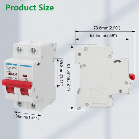 Front and side view of DC Miniature Circuit Breaker DZ47-63Z 500V 2 Pole 32A with dimensions for battery banks and solar PV systems.