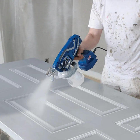 Professional Corded Airless Paint Sprayer With Triax Triple Piston Pump And Smart Control Dial for smooth paint application on door.