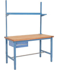 Heavy Duty Adjustable Height Workbench With Storage Shelf And Drawer Tough As Nails Shop Table Built For Garage Grind, blue frame with wooden top.