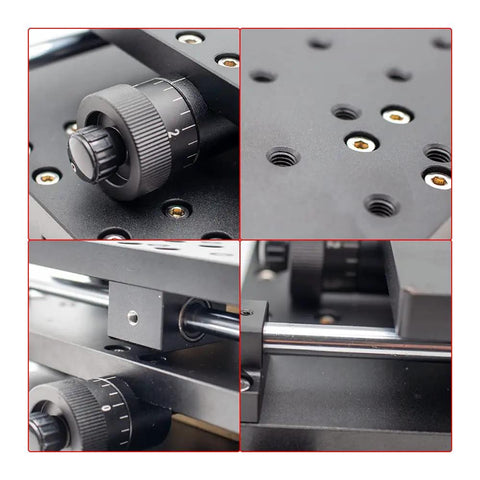 Close-up of precision knobs and sliding mechanism on Premium Manual 2D Precision Slide Table delivering hella smooth XY axis positioning.
