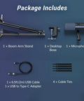 Dynamic Podcast Microphone For Studio With Cardioid XLR USB Outputs AI Noise Reduction Tap To Mute Boom Arm Package Contents
