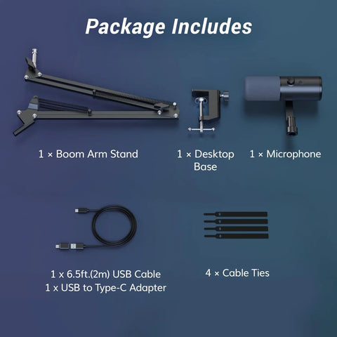 Dynamic Podcast Microphone For Studio With Cardioid XLR USB Outputs AI Noise Reduction Tap To Mute Boom Arm Package Contents