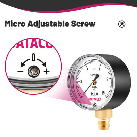 Close-up of micro adjustable screw on low pressure diaphragm type gauge for water and air systems, 2-1/2 inch dial