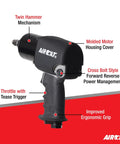 1460-XL Twin Hammer One Half Inch Drive Metal Impact Wrench With 725 Ft-Lbs Max Torque, detailing key features on a red background.