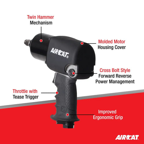 1460-XL Twin Hammer One Half Inch Drive Metal Impact Wrench With 725 Ft-Lbs Max Torque, detailing key features on a red background.