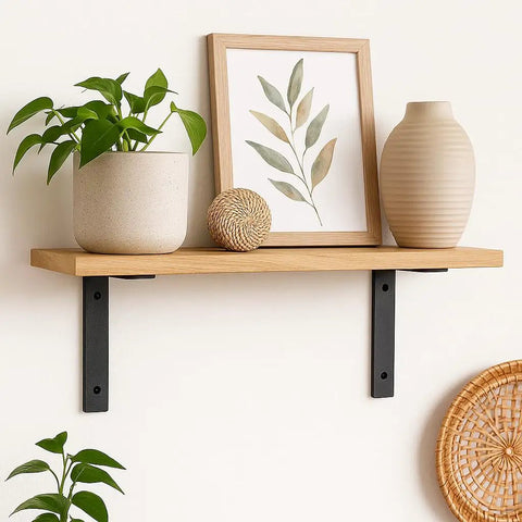 Heavy Duty Shelf Brackets Built Tough Quarter Inch Thick Steel Matte Black Iron Finish For Modern Farmhouse Rustic Open Shelving With Hardware Four Pack L Shaped 8 By 6 Inches supporting wooden shelf with decor