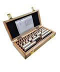 47 Piece Ceramic Rectangular Gauge Block Set Grade 0 Precision Calibration Tools showcasing an open wooden case with stacked gauge blocks.
