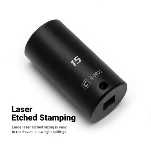 Deep Impact Socket Three Eighth Inch Drive Six Point Metric Socket 22 Millimeter Premium Chrome Molybdenum Steel With Manganese Phosphate Finish Built For Real World Torque And Heavy Duty Power Tool Use, laser etched stamping visible