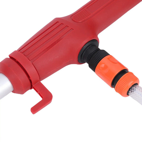 Hella Smooth Cordless Utility Water Transfer Pump Kit For Zero Sweat Pool And Pond Draining Includes Detachable Sediment Filter And Quick Connect Outlet close-up of red hose connector and quick connect fitting