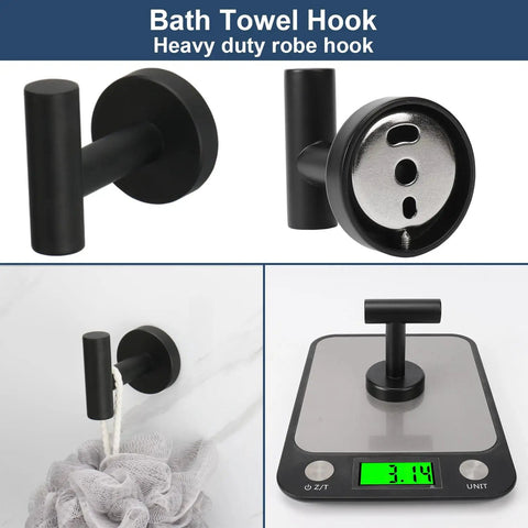 Self Adhesive Matte Black Bathroom Hardware Set bath towel hook detail with installation and weight on scale
