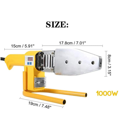 Heavy Duty Pro Grade 1000W 220V Plastic Pipe Weld Kit with Six Diameter Welding Heads, side view showing dimensions