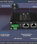Gigabit Passive 24V PoE Injector With 12-24V DC Input To 24V PoE Output, showing ports, DIN rail, and ground screw