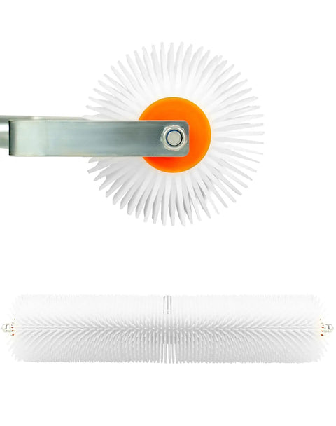 Side and top view of spiked screeding roller with 30mm nails for self-leveling floors, shown with telescopic rod attachment.