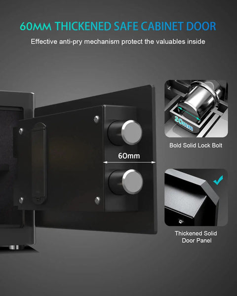 Open door of Deluxe Touch Screen Digital Safe With Biometric Fingerprint Lock Fireproof Boss Level Security Box showing thickness and lock bolts.