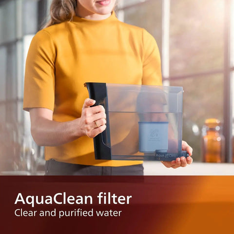 AquaClean filter in clear container for purified water, showcased by a woman wearing a yellow top, enhancing espresso quality.