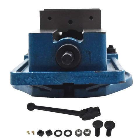 Front view of Beefy Mill Vise With 360 Degree Swivel Base and accessories, 4.56 Inch Jaw Opening, 3.98 Inch Wide Jaw, heavy duty.