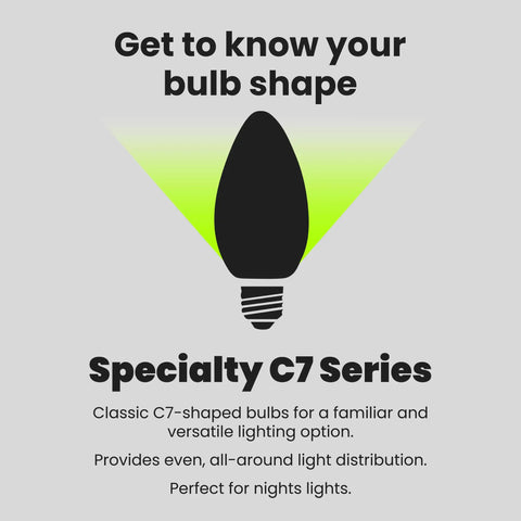 Illustration of Specialty C7 bulb shape with description highlighting even light distribution for night lights.